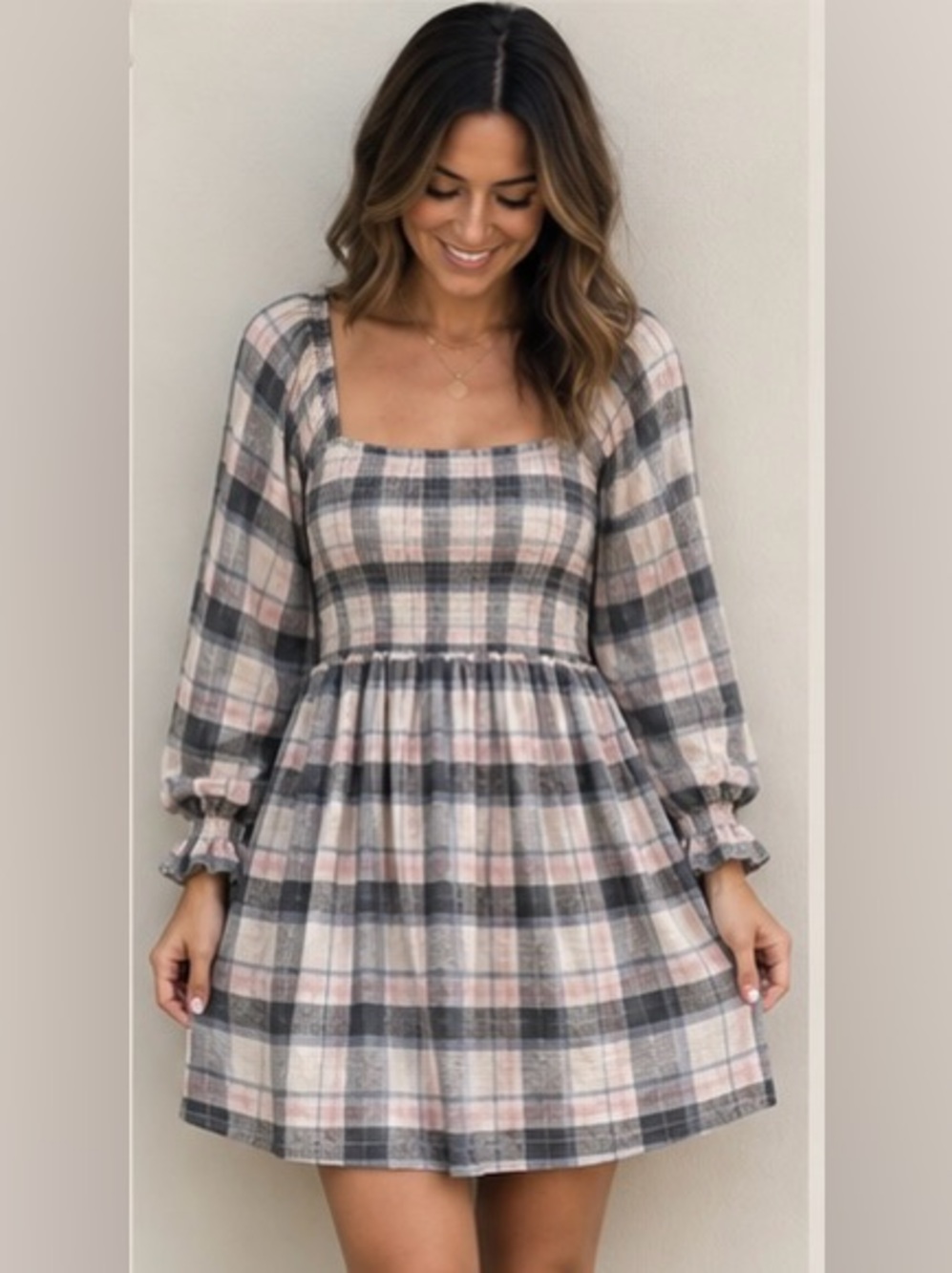Madewell Plaid Smocked Mini Dress Pink Gray Puff Sleeve Cottagecore S